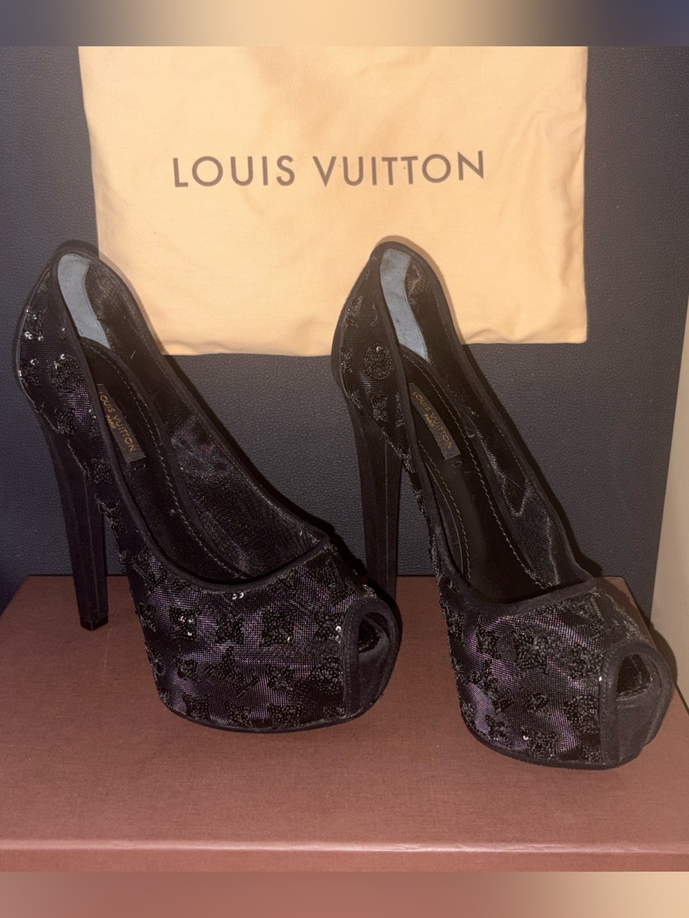 Louis Vuitton Black Suede Mesh Sequin Monogram Stiletto Heels Open Toe